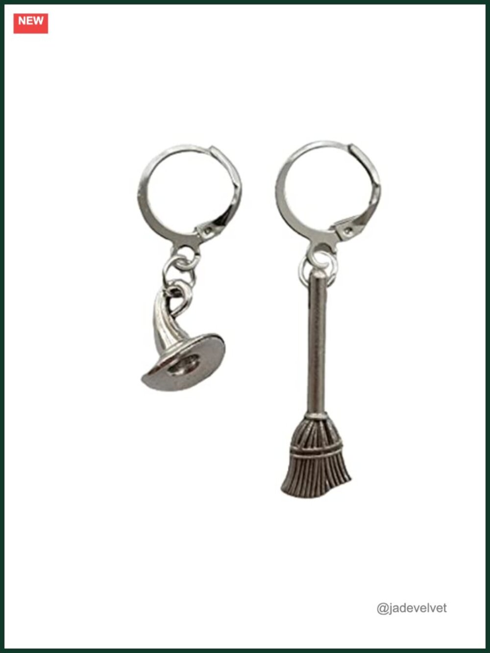 Mismatch Witch Hat Broom Charm Lever Back Earrings Alloy